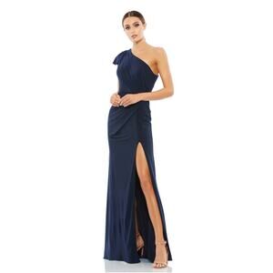 NWT Mac Duggal Midnight Navy Blue Ruffled One Shoulder Draped Gown US 4